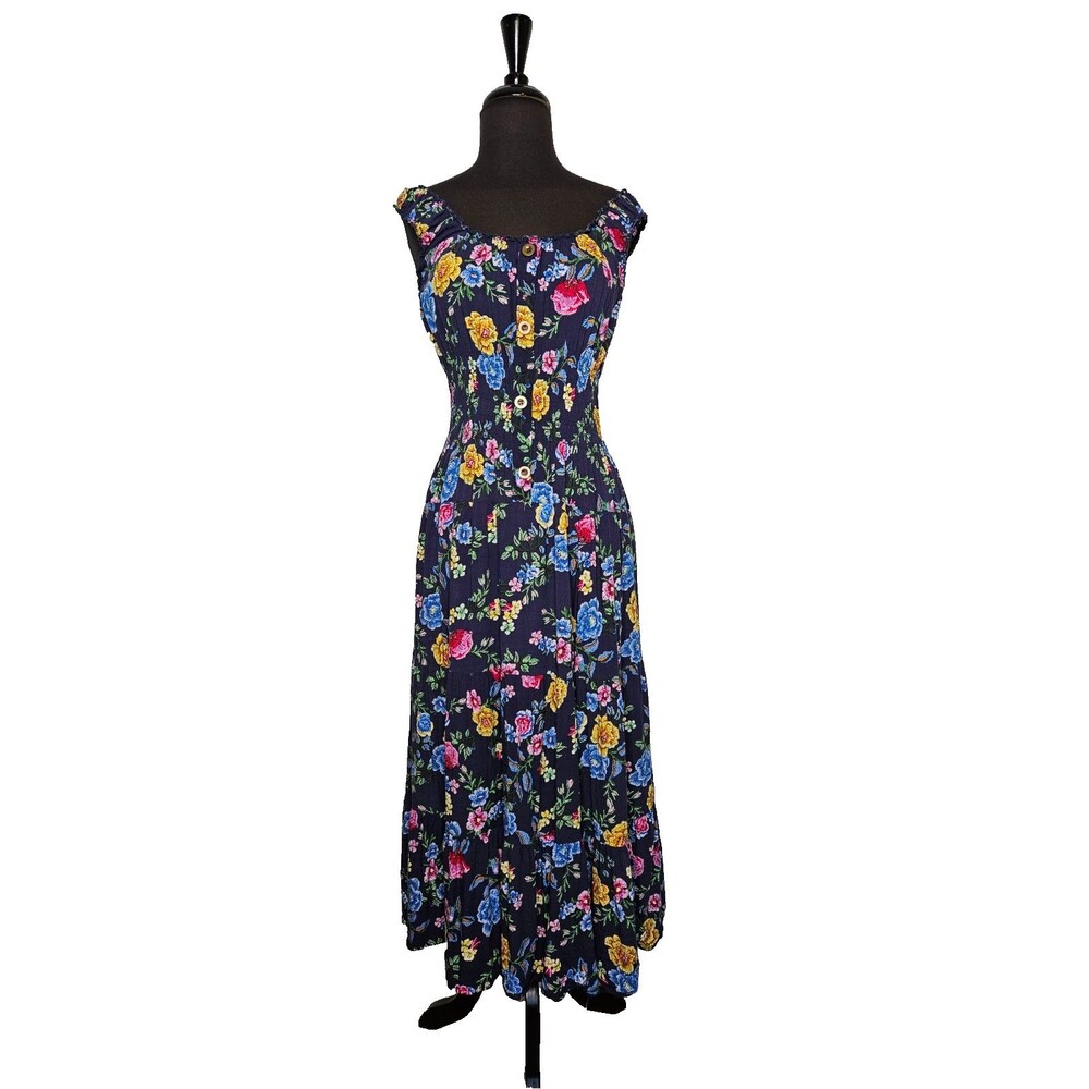 LAPIS Floral Milkmaid Cottagecore Dress L Tiers Midi Smocked Western Lightweight